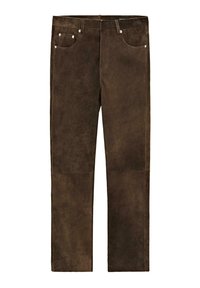 Brown suede pants with a smooth texture, featuring five-pocket design, silver-tone hardware, and contrasting stitching along the seams.