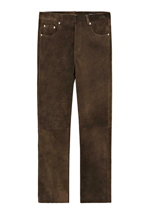 Braune Wildlederhosen mit glatter Textur, ausgestattet mit einem Fünf-Taschen-Design, silberfarbener Hardware und kontrastierenden Nähten entlang der Säume.