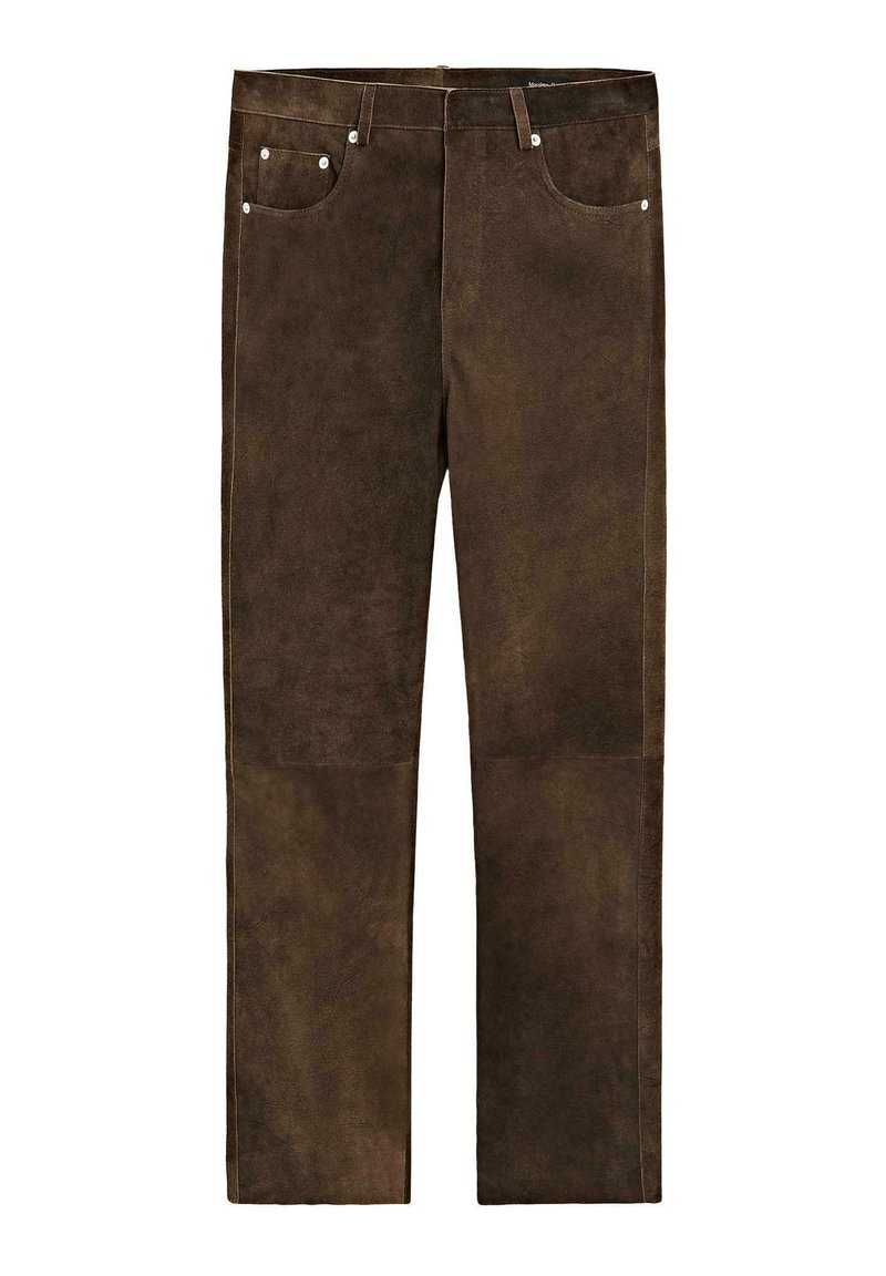 Brown suede pants with a smooth texture, featuring five-pocket design, silver-tone hardware, and contrasting stitching along the seams.