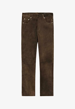 Braune Wildlederhosen mit geradem Bein Design, ausgestattet mit fünf Taschen und silbernen Hardware-Akzenten. Texturierte Oberfläche mit Kontrastnähten.