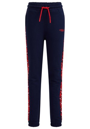 Marineblaue Jogginghose mit roten Leopardenmuster-Seitenstreifen, Kordelzug in der Taille und elastischen Bündchen. Hergestellt aus weichem, dehnbarem Material für Komfort.