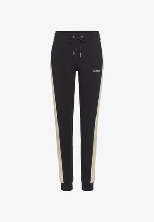 Schwarze Jogginghose aus weichem Material, mit beigen Seitenstreifen und einem Kordelzugbund. Mit subtilen Logoakzenten auf der Vorderseite.