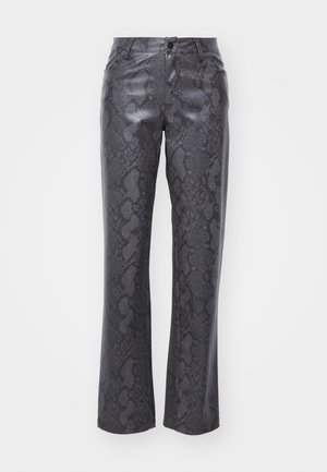 Faux leather pants in dark gray with a snake print pattern. Features a front button closure, straight legs, and classic five-pocket design.