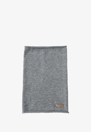 Gray knit neck warmer made of soft fabric. Features a stitched hem and a small leather label with "BELLEMERE NEW YORK" text.