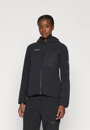 Black fleece jacket with a zip-up front, adjustable hood, and textured panels. Features a small chest pocket and logo detail on the front.