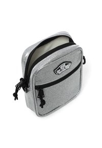 Silver glitter crossbody bag with black zippers and a front pocket. Features a Vans logo patch and a smooth textured finish.