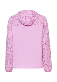 Veste à capuche violet clair avec des motifs de lignes abstraites violet foncé sur les manches et la capuche, panneau arrière uni, poignets élastiques.