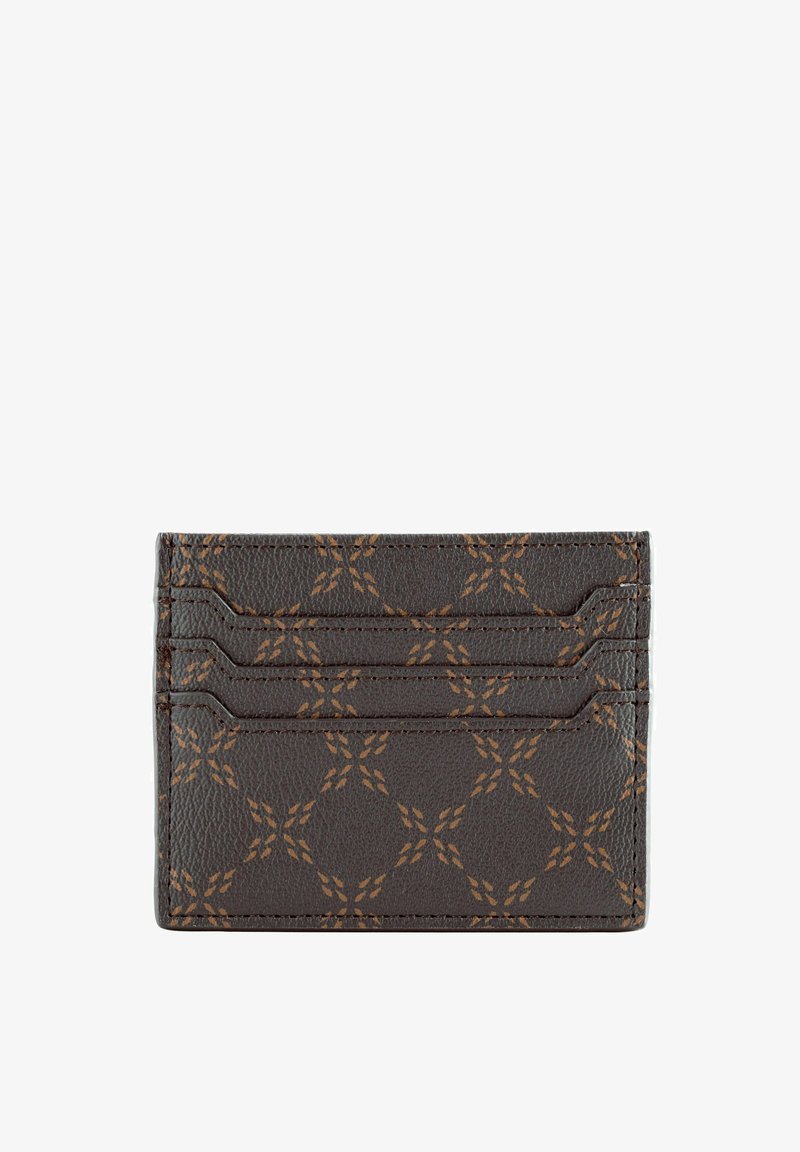 Hnědý kožený držák na karty s embosovaným vzorem, pěti vertikálními sloty na karty a texturovaným povrchem. Kompaktní design pro snadné uložení.