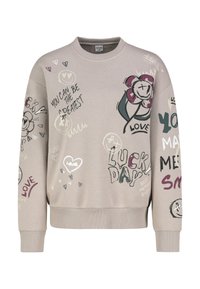 Light beige sweatshirt with graphic illustrations, including flowers and text. Features a crew neck, long sleeves, and ribbed cuffs.