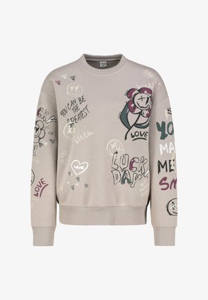 Helle beiges Sweatshirt mit grafischen Illustrationen, einschließlich Blumen und Text. Mit Rundhalsausschnitt, langen Ärmeln und gerippten Bündchen.