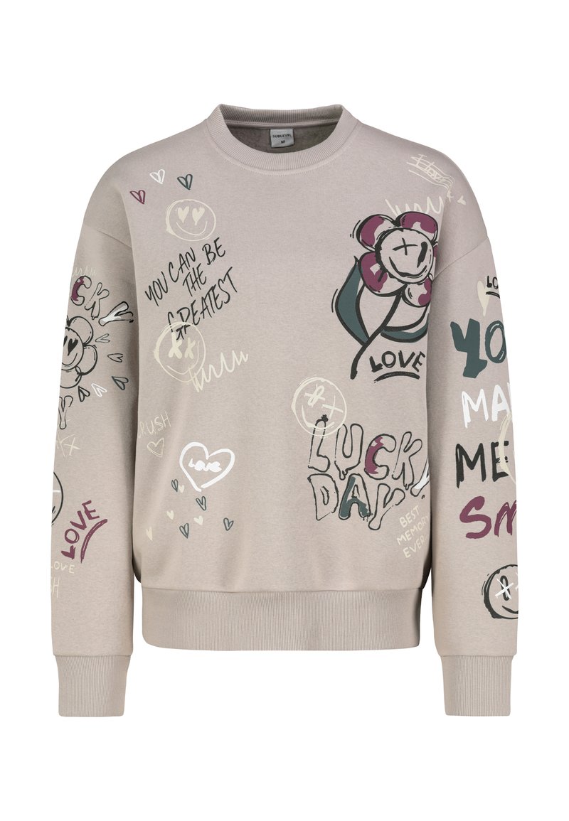 Light beige sweatshirt with graphic illustrations, including flowers and text. Features a crew neck, long sleeves, and ribbed cuffs.