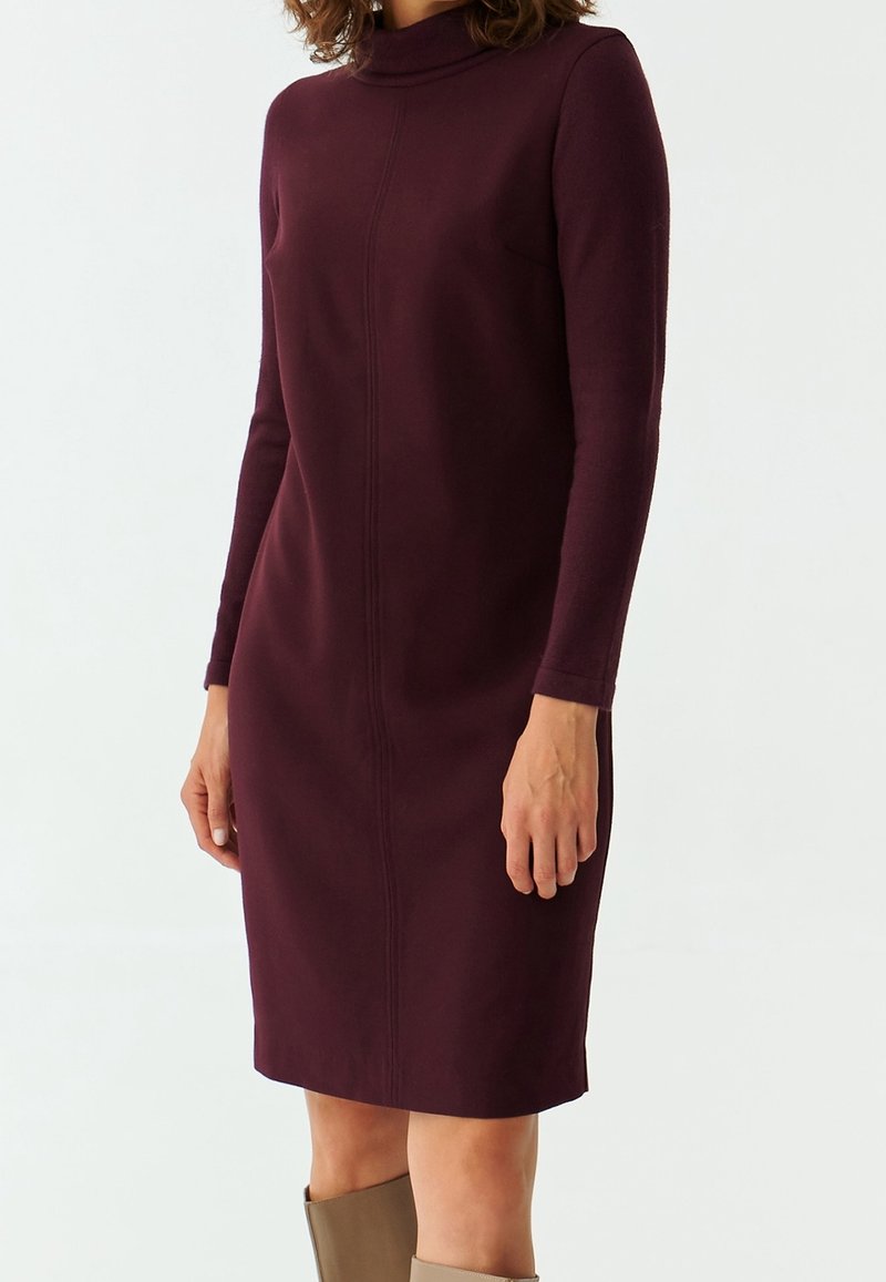 Femme portant une robe prune à manches longues, longueur genoux, avec un col montant et une couture visible à l'avant.