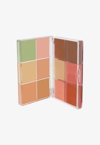 Palette mit neun quadratischen Fächern, die Schattierungen von Grün, Rosa, Beige, Braun und Orange enthalten. Transparenter Koffer mit einem klappbaren Deckel.