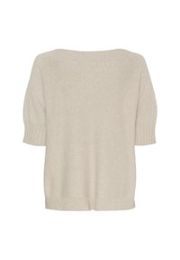 Beige sweater med korte puffede ærmer, ribbede manchetter og kant, lavet af blødt stof, med en bred rund halsudskæring og en let løs pasform.