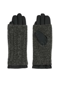 Sive pletene volnene rokavice s črnimi usnjenimi poudarki, rebrasto teksturo in odprtino za palec za enostavno uporabo. Dolg pokrov za zapestje.