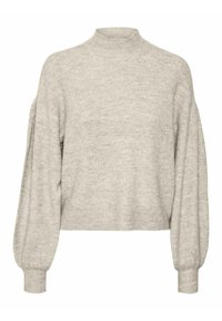 Pull court gris clair avec col montant, texture côtelée et longues manches bouffantes. Matière tricotée douce avec une coupe décontractée.