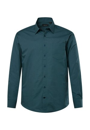 Langarmhemd aus tiefblauem Stoff, mit Button-Down-Kragen, Brusttasche und blauen Knöpfen. Glatte Textur mit taillierter Passform.