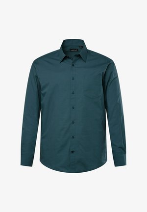 Langarmshirt van diep teal stof, voorzien van een button-down kraag, een borstzak en blauwe knopen. Soepele textuur met een getailleerde pasvorm.