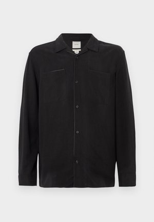 Black long-sleeve shirt made of lightweight fabric, featuring a notched collar, front button closures, and two chest pockets.