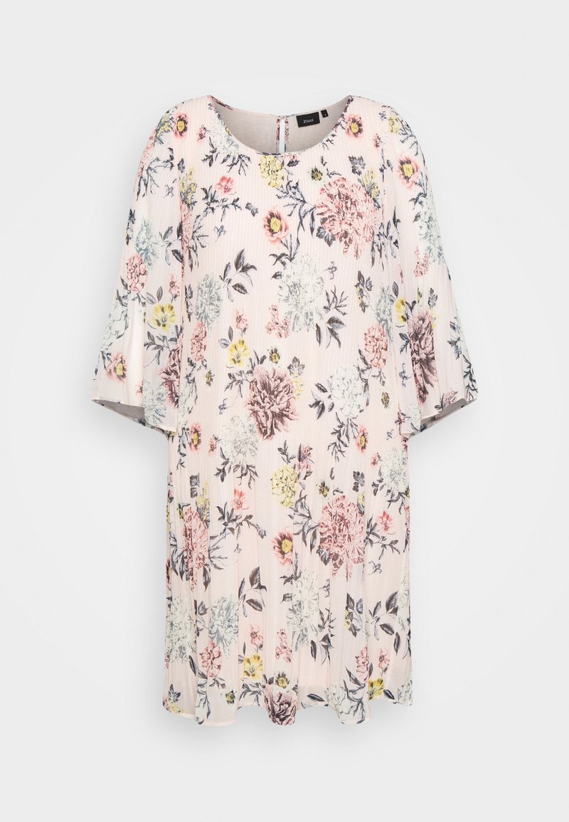 Robe rose clair avec des manches trois-quarts amples, présentant un motif floral multicolore en jaune, rose, blanc et gris.