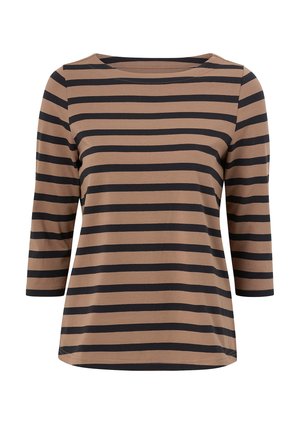 Brun og sort vandret striped skjorte med trekvartærmer og rund halsudskæring.