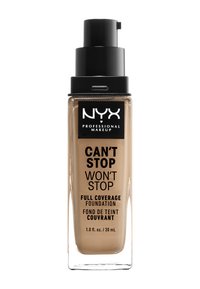 Le fond de teint NYX Can't Stop Won't Stop dans un flacon en verre transparent avec une pompe noire, affichant une teinte bronzée et une étiquette en texte noir audacieux.