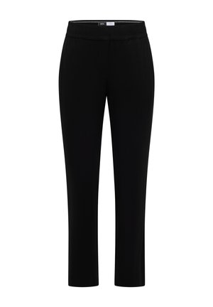 Sorte bukser med lige ben og elastisk talje, uden synlige lommer eller pynt, vist på hvid baggrund.