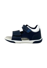 Sandali per bambini di colore blu navy con due cinturini in Velcro regolabili, dettagli bianchi, design traspirante e suole in gomma testurizzata.