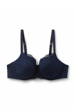 Námořnicky modrá krajková podprsenka s kosticemi, nastavitelnými ramínky a květinovým vzorem. Strukturální látka s jemnou krajkovou lemovkou podél horních okrajů.