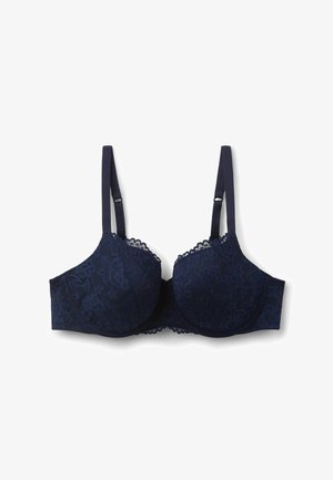 Marineblauer Spitzen-BH mit Bügelunterstützung, verstellbaren Trägern und Blumenmuster. Strukturiertes Gewebe mit weicher Spitze entlang der oberen Kanten.