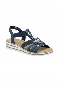 Marineblaue Sandale aus synthetischem Material, mit gepolstertem Fußbett, mehreren Riemen und dekorativen Perlen im Obermaterial.