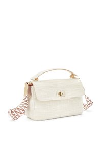Small beige textured handbag with top handle, front flap and gold turn-lock clasp, featuring a detachable wide strap with brown and white pattern.