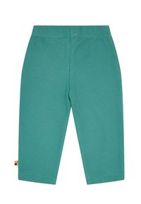 Pantaloni in maglia turchesi con un motivo testurizzato a nido d'ape, dotati di vita elastica e etichetta laterale con accenti multicolori.