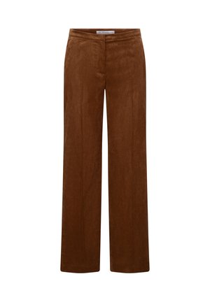 Brown corduroy pants with straight legs and an elastic waistband, designed for casual or semi-formal wear.