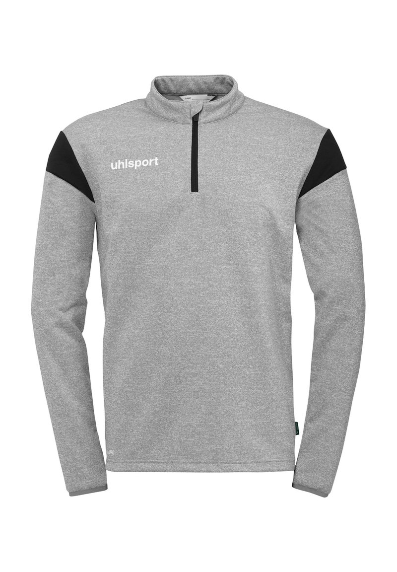 Grauer Fleece-Pullover mit halb geöffnetem Reißverschluss, ausgestattet mit schwarzen Schulterakzenten und einem weißen "uhlsport"-Logo auf der linken Brust. Weiche Textur.