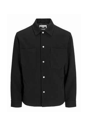 Black wool blend shirt jacket with two front pockets, snap button closure, pointed collar, and long sleeves. Smooth texture, minimal detailing.