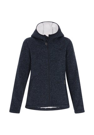 Navy fleece hoodie with front zip, drawstring hood, and two side pockets. Soft texture with a subtle heather pattern.