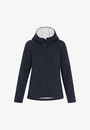 Navy fleece hoodie with front zip, drawstring hood, and two side pockets. Soft texture with a subtle heather pattern.