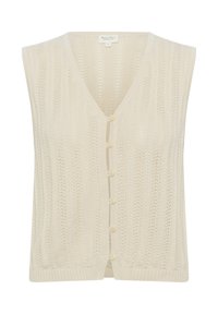 Gebreide mouwloze cardigan in licht beige met een V-hals, voorzien van knopen aan de voorkant en een tekstuurpatroon van verticale strepen.