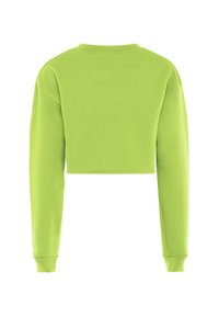 Groene cropped sweatshirt van zachte stof met lange mouwen, ribbelboord bij de hals en cuffs. Gladde textuur, eenvoudig ontwerp, geen zichtbare patronen.