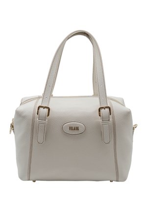Borsa a tracolla in pelle bianca testurizzata con doppie maniglie, fibbie color oro, chiusura con cerniera e targhetta del logo "PILASJE" sul davanti.