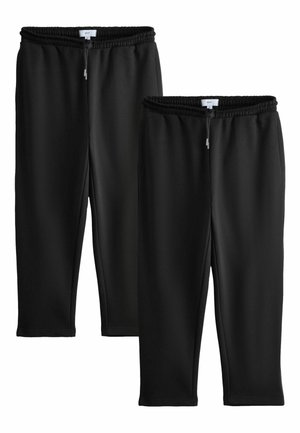 Black athletic sweatpants made of smooth fabric, featuring an elastic waistband with a drawstring, and a cropped design. Two pairs shown.