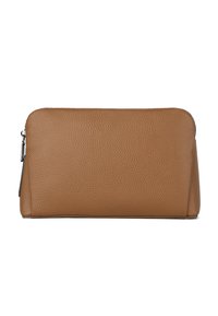 Brown leather pouch with a textured finish, featuring a zip closure and a structured shape. Side panel creates a slight angle.