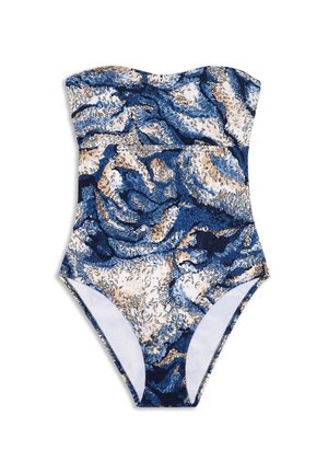 Jednoczęściowy strój kąpielowy bez ramiączek z abstrakcyjnym wzorem w niebieskie, beżowe i białe spirale oraz wysokimi wycięciami na nogi.