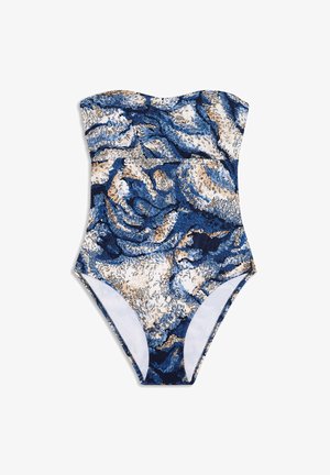 Bandeau badpak met blauw, beige en wit abstract swirl patroon en hoge beenuitsnijdingen.