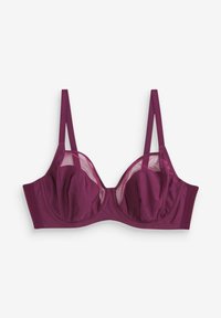 Mauve bh met gestikte cups en sheer meshpanelen, voorzien van verstelbare banden en een gladde textuur, ontworpen voor ondersteuning en comfort.