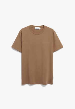 Braunes Baumwoll-T-Shirt mit kurzen Ärmeln, rundem Ausschnitt und geradem Schnitt. Verfügt über ein kleines Etikett auf der unteren linken Seite. Glatte Textur.