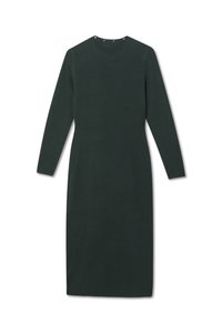Σκούρο πράσινο φόρεμα μήκους μέχρι το γόνατο, κατασκευασμένο από απαλό ύφασμα με μακριά μανίκια, στρογγυλή λαιμόκοψη και λεπτομέρειες με κουμπιά προς τα πίσω.