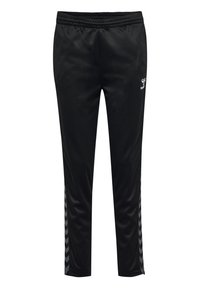 Zwarte sportieve broek met een elastische tailleband, voorzien van getextureerde zijpanelen met een chevronpatroon in grijs. Glad, lichtgewicht materiaal.