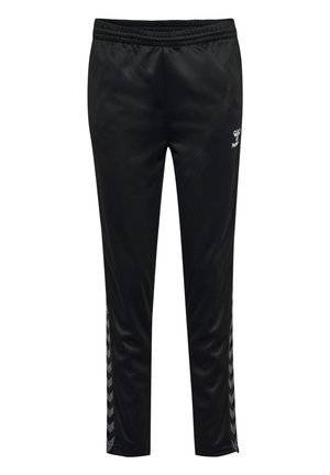 Black sporty pants with an elastic waistband, featuring textured side panels with a chevron pattern in gray. Smooth, lightweight material.